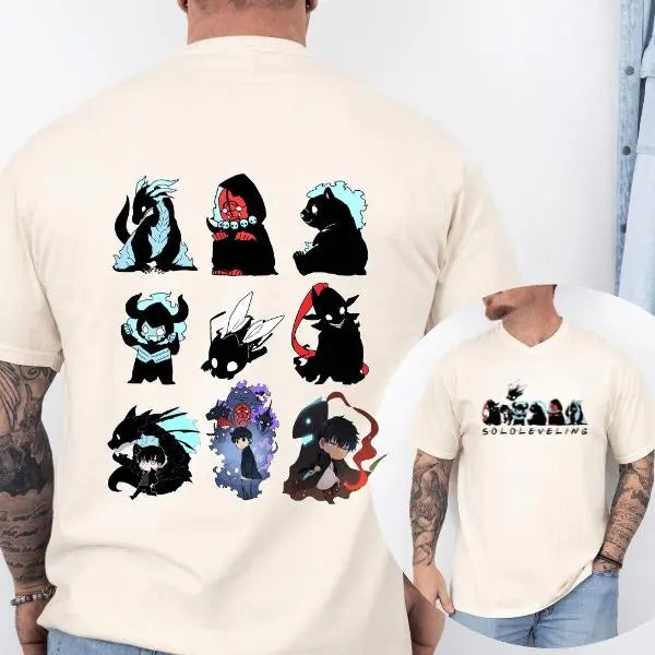 2 Sided Soloo Leveliing X Friends Sung Jin.woo Shadow Monarch Chibi Belliion Be.ru Greed Lgris Lron Jiima Kaiisel Shadow Giants Tank Tusk Unisex Shirtstyle{n002}2