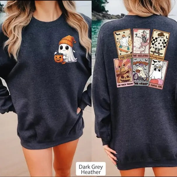2 Slide Design, Halloween Ghost Tarot Card Sweatshirt, Retro Halloween Sweatshirt, Ghost Halloween Sweatshirt, Retro Spooky Sweater, Halloween Ghost Hoodie
