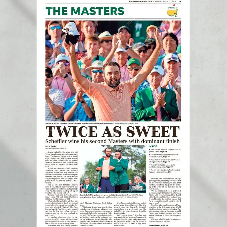 2024 Masters Champion Scottie Scheffler 'TWICE AS SWEET' Framed Front Page Newspaper golf gifts for him