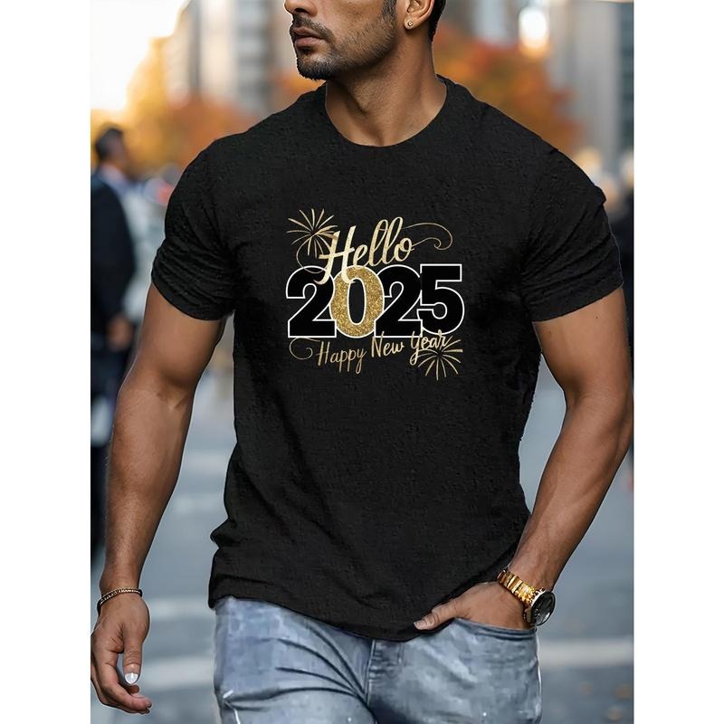 2025 Hello Happy New Year Print T-Shirt for Men - Casual Short Sleeve Cotton Knit Fabric, Geometric Pattern, Round Neck, Regular Fit, Summer Collection Made in USA
