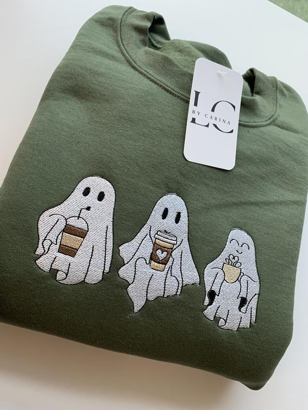 3 Ghosts Drinking Coffee Embroidered Sweatshirt | Spooky Coffee Lover Pullover | Cozy Fall Sweatshirt | Halloween Ghosts Design | Unisex Apparel