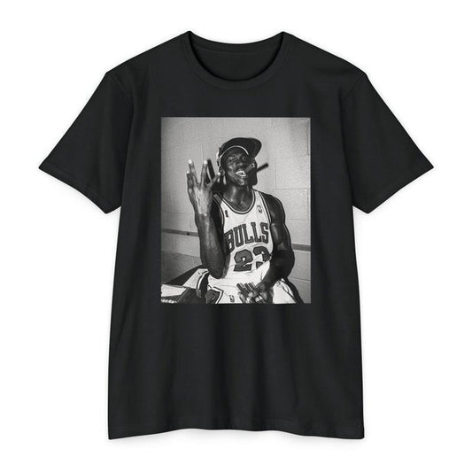 4-TIME CHAMP Michael Jordan Celebrating and Smoking a Cigar After his Fourth NBA Championship T-Shirt, Black & White Graphic T-Shirt
