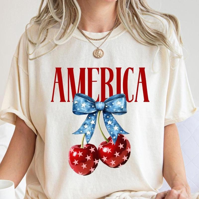 4th of July Bow Coquette T-Shirt, Cherry Shirt, American Flag Tee, Independence Day, Womens T-Shirt, Patriotic , Red White Blue