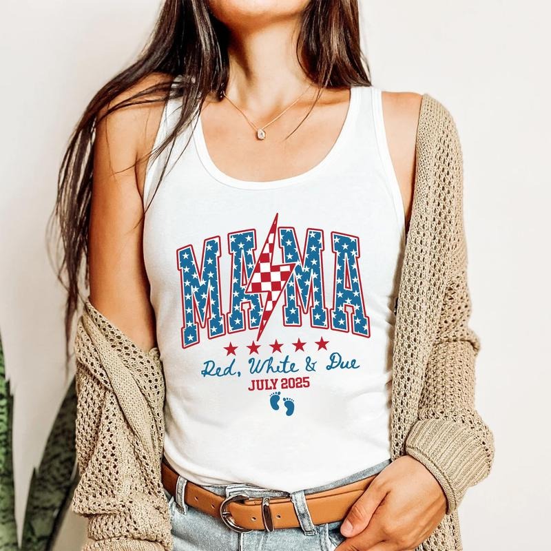 4th of July Pregnancy Announcement Tank Top, American Mama Tank Top, Red White and Due, Patriotic Maternity Tee, July Fourth Shirt for Mom to Be