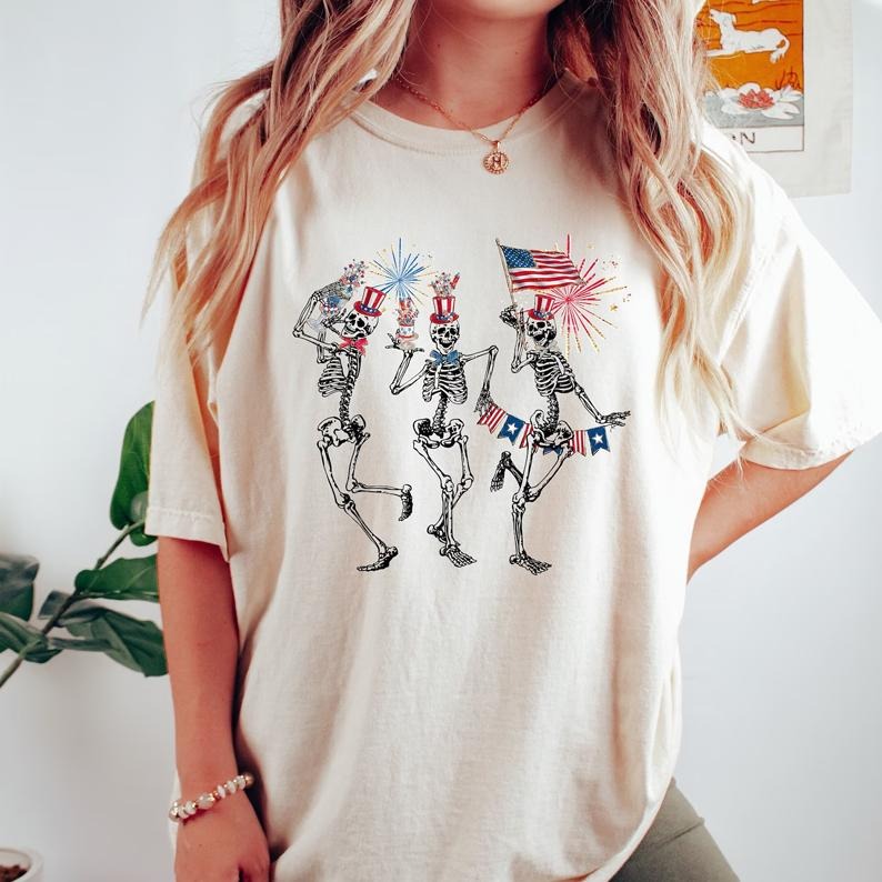 4th of July Skellies Tshirt, 4th of July Shirts, Dancing Skeleton Tee, American Flag,4th of July, Stars and Stripes Tee, Red White Blue