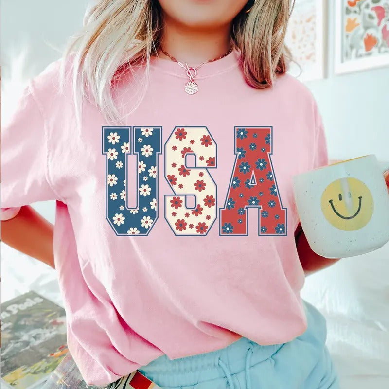 4th of July T-Shirt DRG - USA Floral Flowers Sweatshirt DRG - Independence day Women Tee & Sweatshirt #310-WID