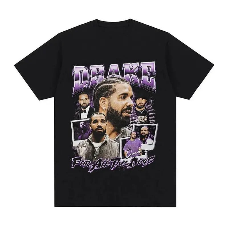 90s Drake for All The Dogs Music Album T Shirts Rapper Vintage Hip Hop Trend T-Shirt Men's Tees Streetwear