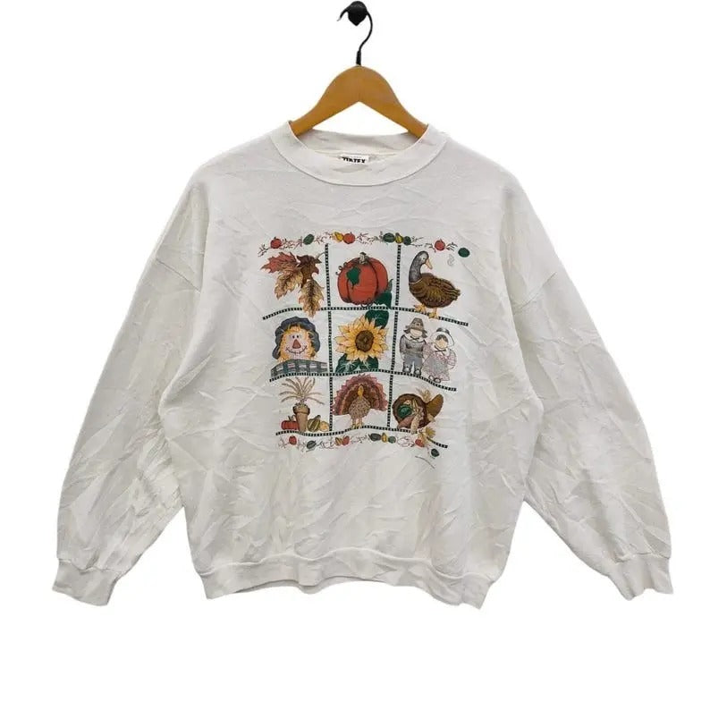 90s Mallard Duck Pumpkin Sunflower Vintage 1994 Thanksgiving Sweatshirt Crewneck Hunting Season T-Shirts Graphic Tee Unisex Pullover, Cotton