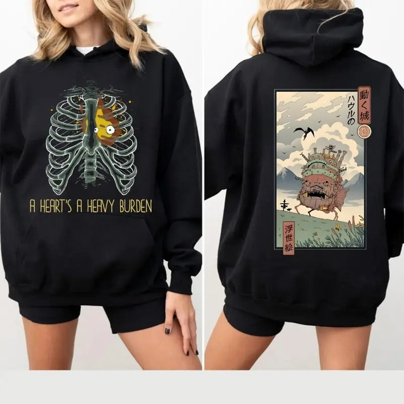 A Heart's A Heavy Burden 2 Sided Hoodie, Sweatshirt, Tshirt, Howls Moving Castle Shirt, Studio Ghibli, Anime Embroidered Embroidered Embroidered