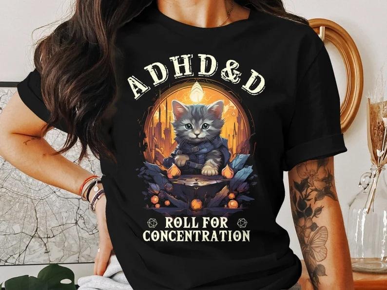 ADHD&D Roll for Concentration Sweatshirt, ADHD&D Cat Shirt, Dungeons and Dragons Dnd T-shirt, DnD Vintage Tee, ADHD Unisex shirt, DnD Shirt, RPG Gift, Dungeons Master Sweatshirt, D20 Shirt, RPG Gift, D&D Shirt