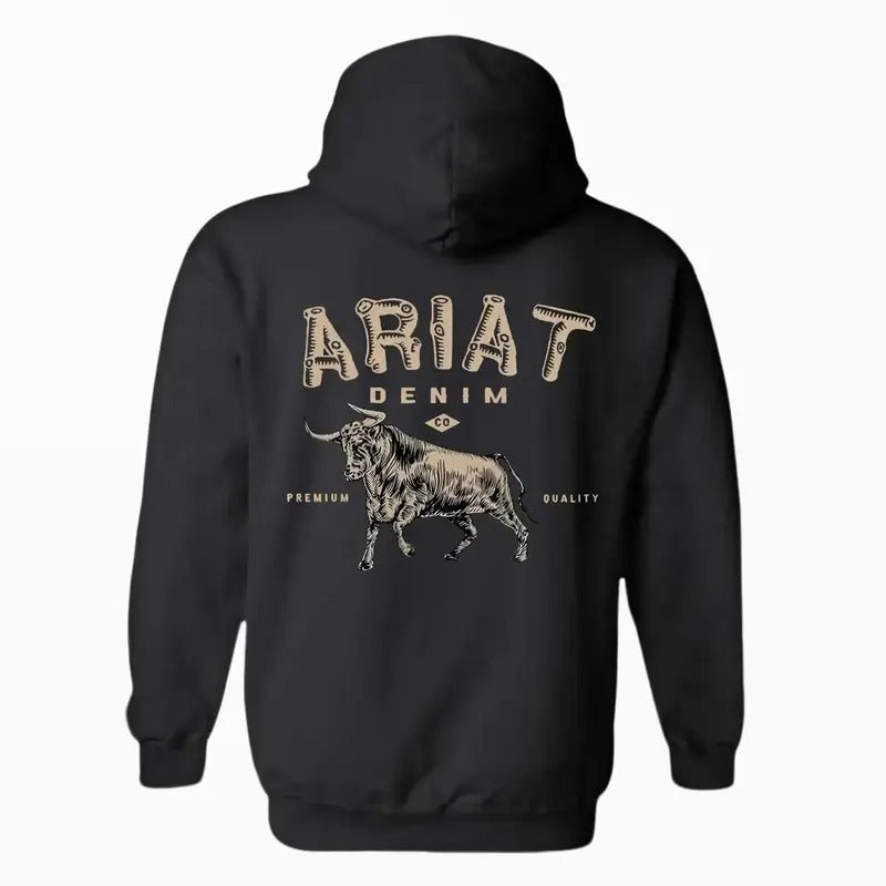 ARIAT Denim Hoodie Sweatshirt T-shirt with bull Back Side Printed - high quality cotton, Western cowboy style, suitable for outdoor activities, unisex.