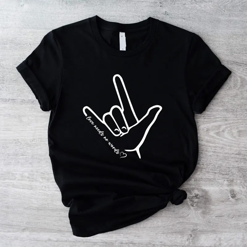 ASL Awareness Shirt, Love Needs No Words Tee, ASL Support T-shirt, Unisex Hand Sign Short Sleeve, Special Education Tee, Deaf Community Gift Tee.