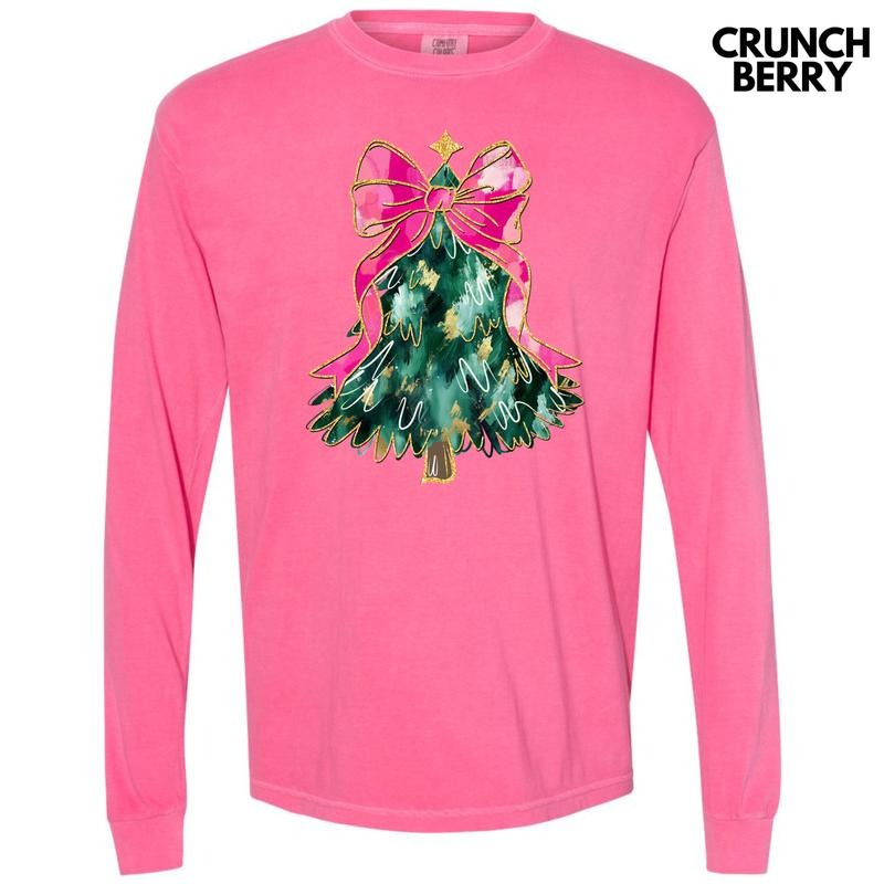 Abstract Pink Bow Christmas Tree Long Sleeve Comfort Colors T-Shirt 'NLB'