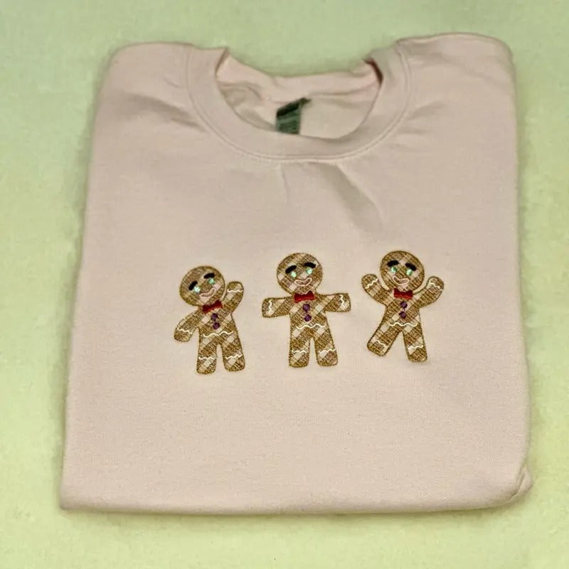 Adorable Gingerbread Embroidered Crewneck Sweatshirt Comfortable Fit Womenswear