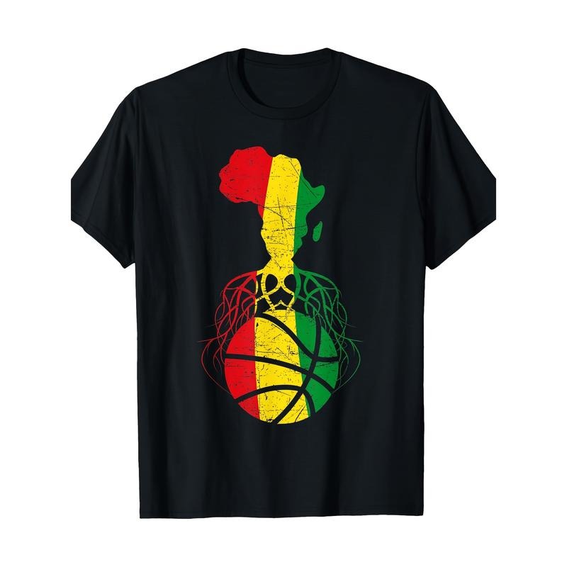 African Map & Basketball Player Graphic Tee - 100% Cotton, Short Sleeve, Crew Neck T-Shirt for Men made in usa