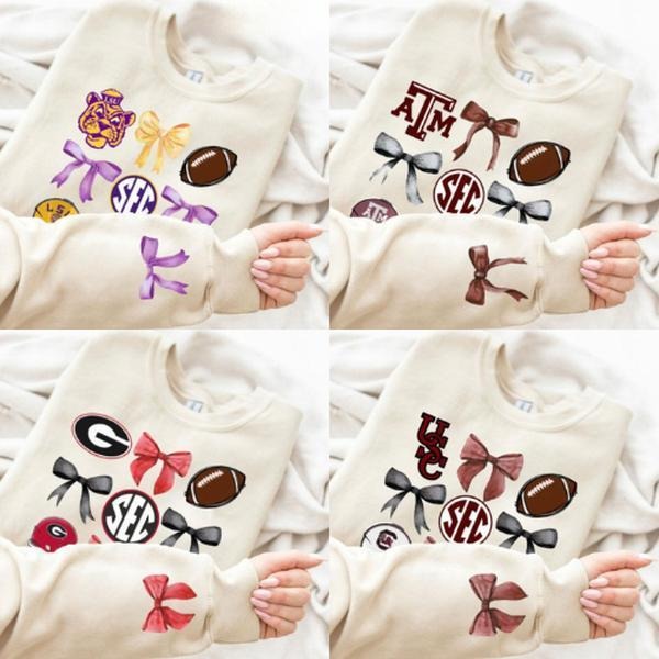 All Team NCAA Coquette Bow Football Sweatshirt, University Football SEC Sweatshirt, Gameday Tee Classic Cotton Sweatshirt, Menswear Womenswear Football Fan