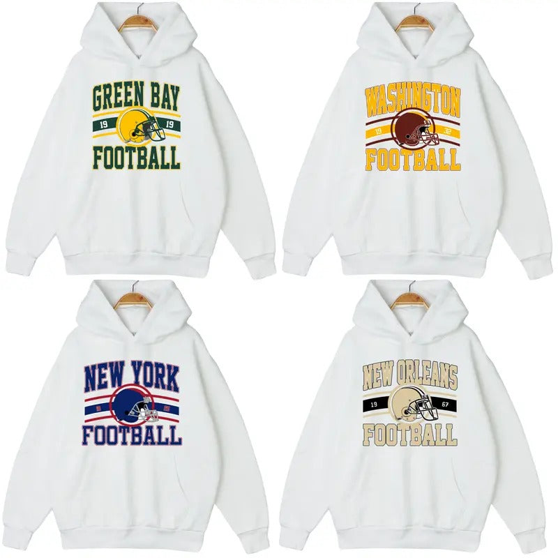 All Teams Football White Hoodie, Big Name City Graphic Tee, Football Hoodie, Cotton Long Sleeve Outfits For Men & Women