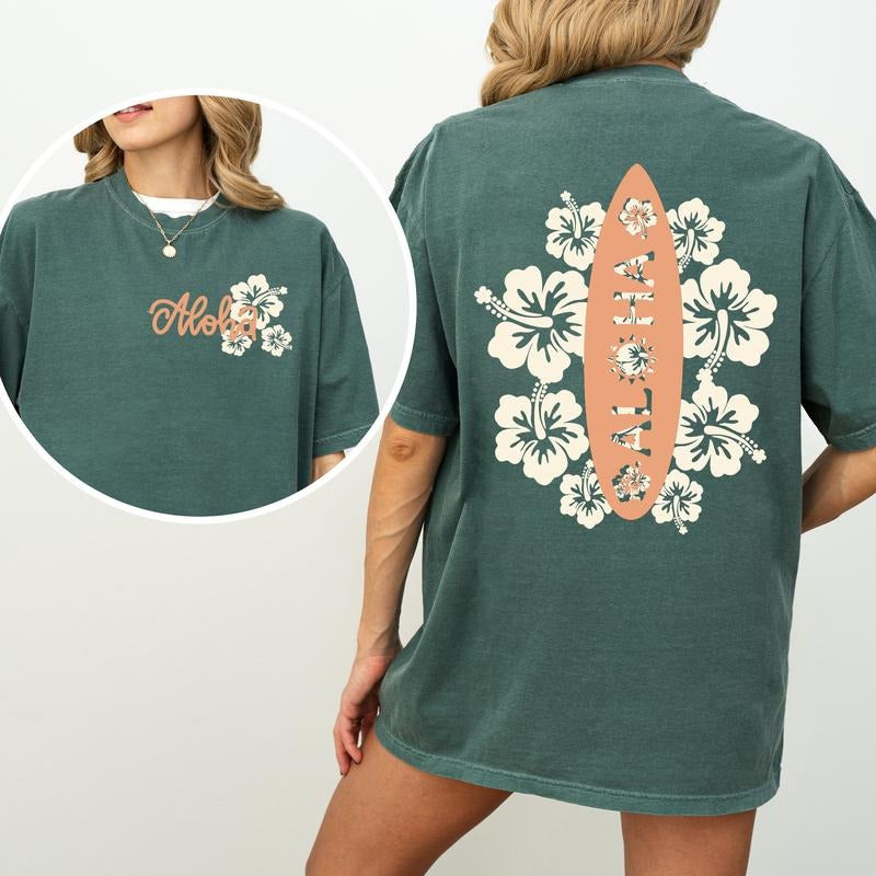 Aloha Hawaii Comfort Colors Shirt, Hibiscus Flower T-shirt, Summer Chill Vibes Graphic Tee, Summer Surf Board Clothing, Vacation Outfits, Gift For Her