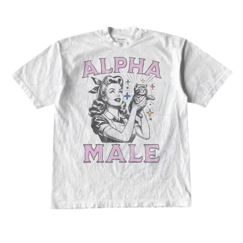 Alpha Male Kitten Retro Graphic T-Shirt, Vintage 1940 Pop Women Holding Kitten Shirt, Funny Sarcastic Cat Shirts, Cat Lovers Unisex Shirt