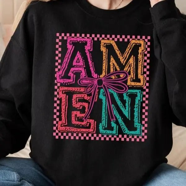 Amen Coquette Bow Tshirt Sweatshirt, Amen Varsity, Easter Christian Retro Checker Spring, Jesus Easter Shirt, Unisex Sweater Pullover Tee