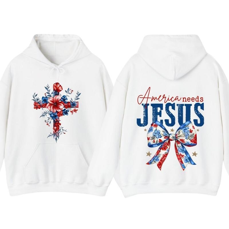 America Needs Jesus Flower 2 Sided TShirt Hoodie, Christian America Coquette Bow Graphic Tee, Usa Flag Flowal Cross Hoodie,Christian 4th of July Merch, Christian Clothing Trendy