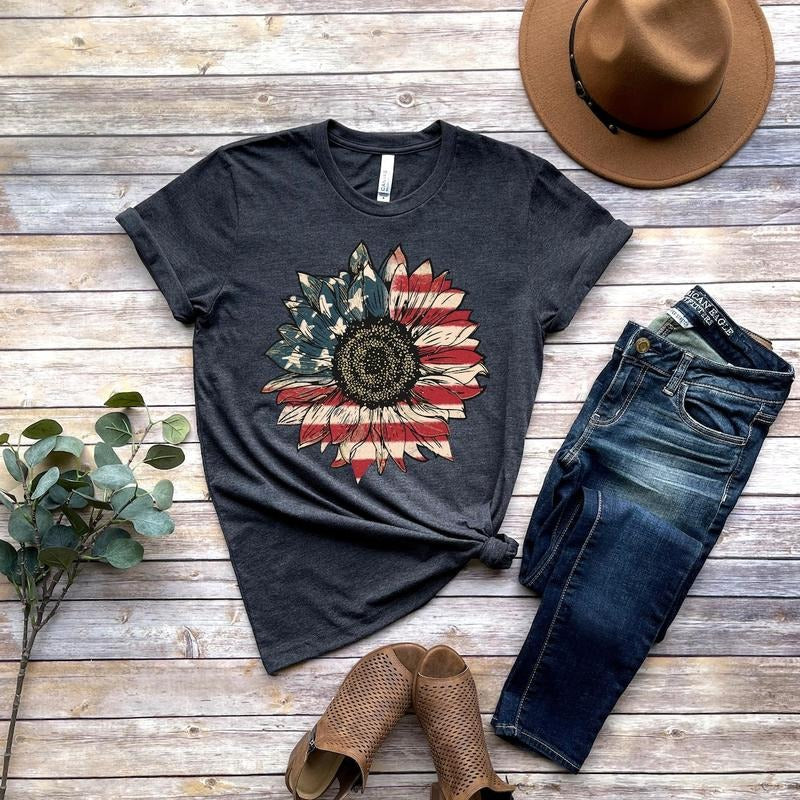 America Sunflower Shirt, USA Flag Flower T Shirt, Gift For American, 4th Of July Flag Graphic T-Shirt Cotton Menswear