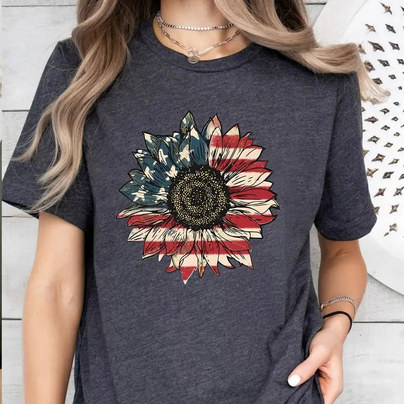 America Sunflower Shirt, USA Flag Flower T Shirt, Gift For American, 4th Of July Flag