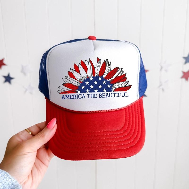 America The Beautiful, Sunflower, Patriotic, Snapback Trucker Hat, America, USA, Independence Day, Patriotic Cap for Women, Sassy Graphic Hats