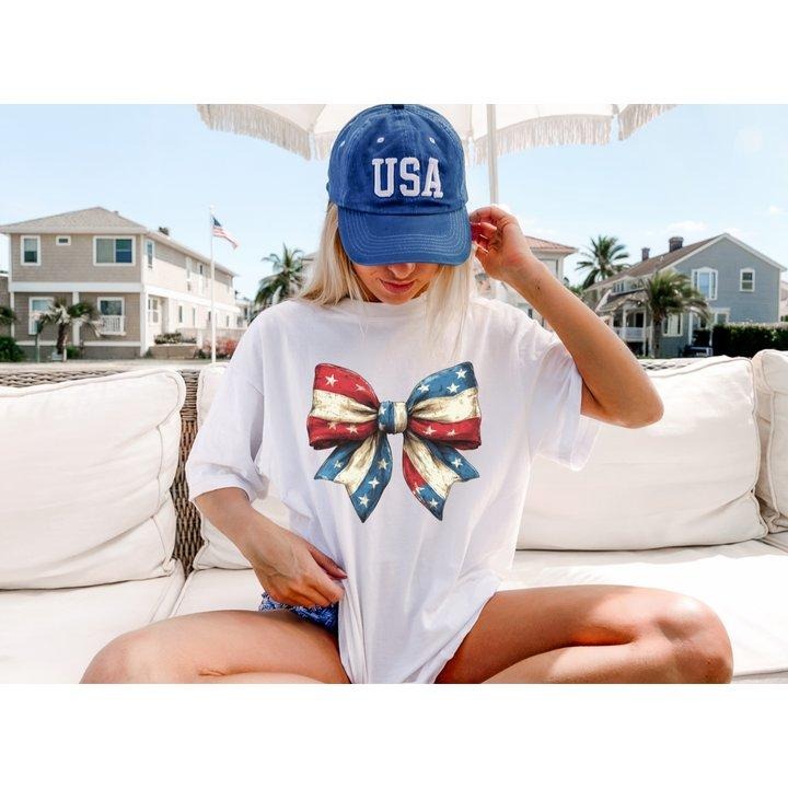 American Coquette USA Bow T-Shirt - Crew Neck Short Sleeve Cotton Casual Durable Loose Fit All Seasons Machine Washable Unisex Tee - Fabric