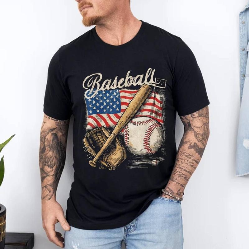 American Flag Baseball Player Bat Fan Catcher Pitcher USA T-Shirt | 100% Cotton Tee, Top Menswear
