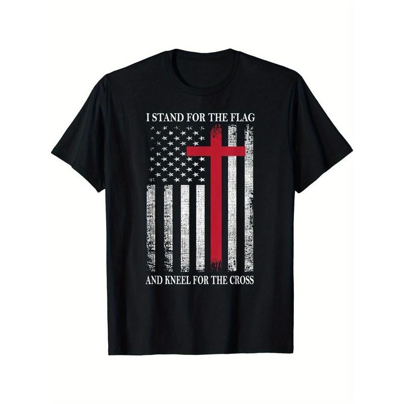 American Flag Print Men's Crew Neck Fashionable Short Sleeve Sports T-shirt, Comfortable And Versatile, For Summer And Spring, Athletic Style, Comfort Fit T-Shirt, As Gifts Made in USA