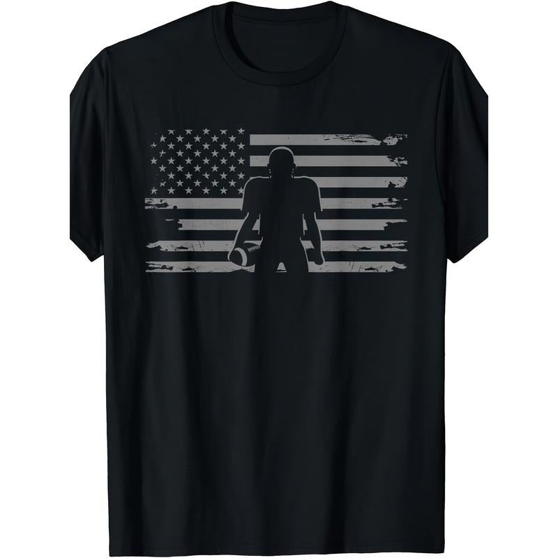 American football Player silhouette print men's crew neck short sleeve cotton T-shirt, casual summer T-shirt, suitable for everyday wear and resort made in usa