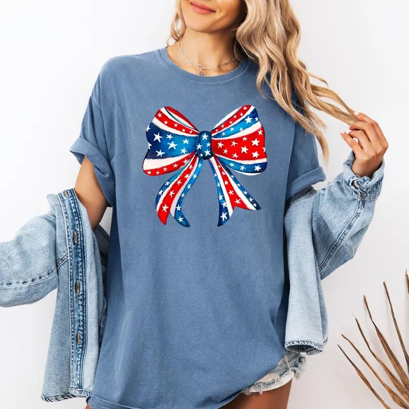 American, Bow, Red, White, Blue, Patriotic, 4th of July Tshirt, Women's Comfort Colors Tee