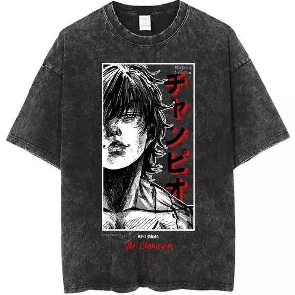 Anime Grappler Baki Hanma Washed T Shirts Harajuku Streetwear Fashion Cotton Menswear