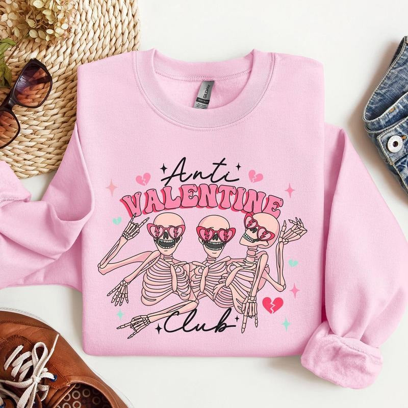 Anti Valentine's Club, Skeleton, Sweatshirt, Valentine's Day, Crew Neck, Women's, Crewneck, Valentine's Day, Love, Heart, Cupid