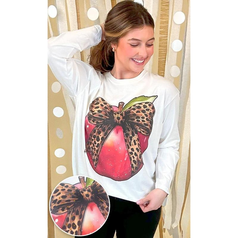 Apple Cheetah Bow Rhinestone Graphic Long Sleeve Shirt