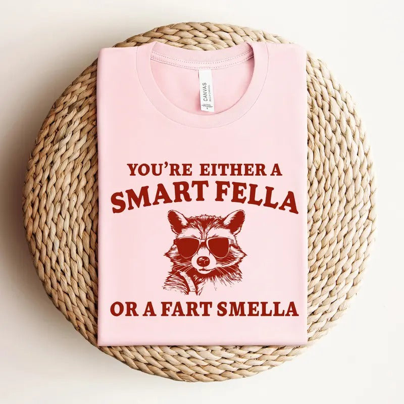 Are You A Smart Fella Or Fart Smella? Retro Cartoon T Shirt, Weird T Shirt, Meme T Shirt, Trash Panda T Shirt, Unisex
