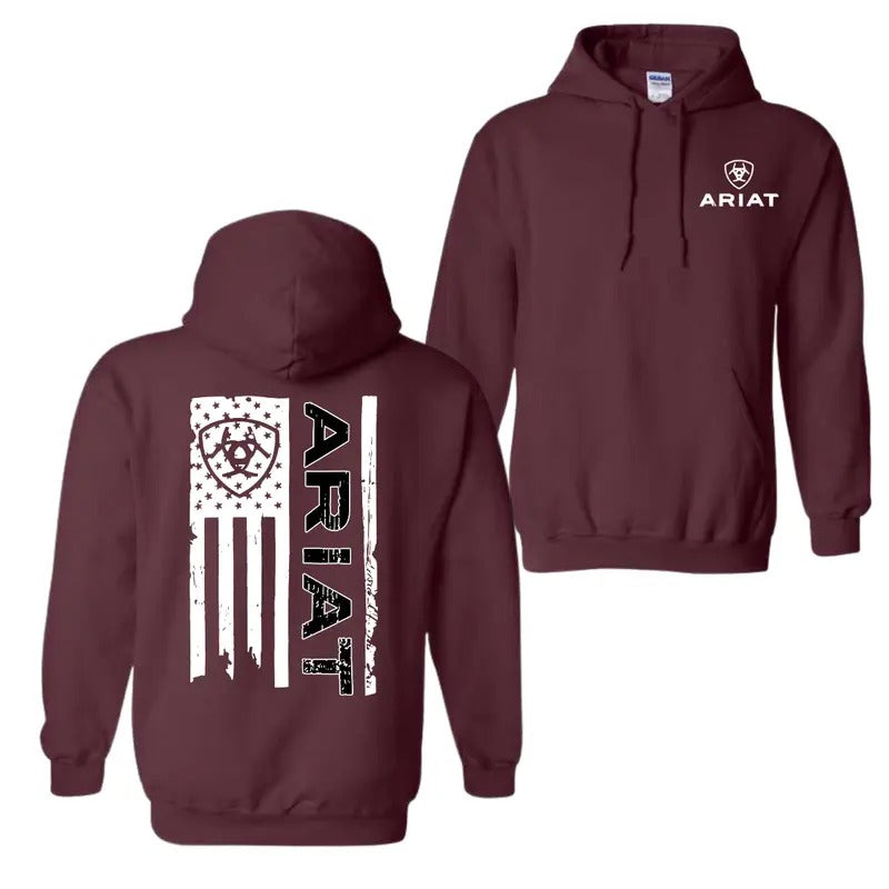 Ariat Casual Hoodie T-Shirt - American Flag Design with Bold Ariat Logo, Perfect for Western Enthusiasts, Unisex for Patriotic Style and Everyday Wear