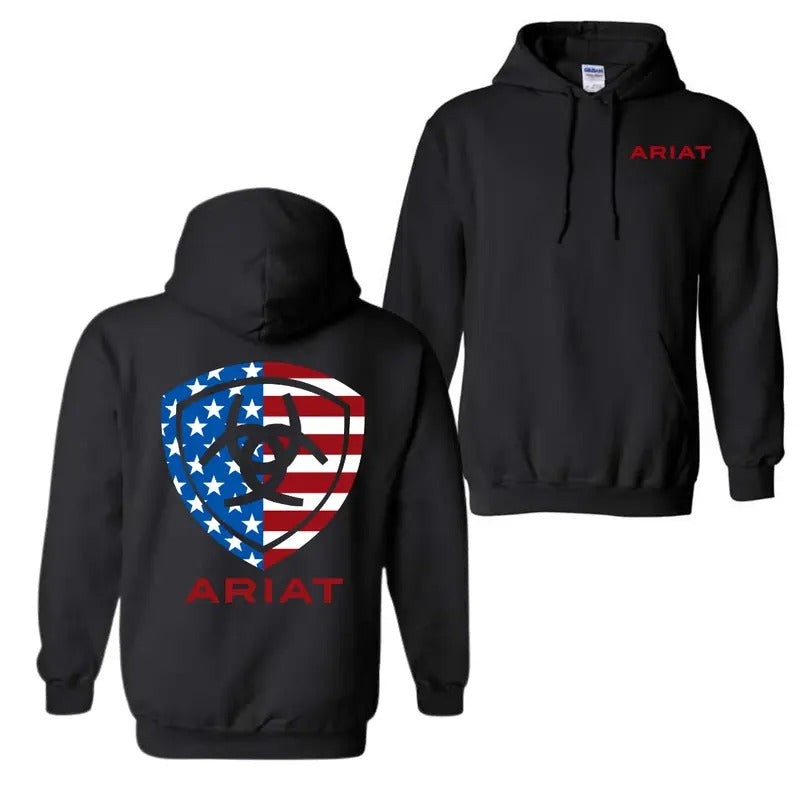 Ariat Hoodie Sweatshirt T-Shirt - Bold American Flag Design with Red Logo, 2 Sided Hoodie For Men, For Women, Unisex