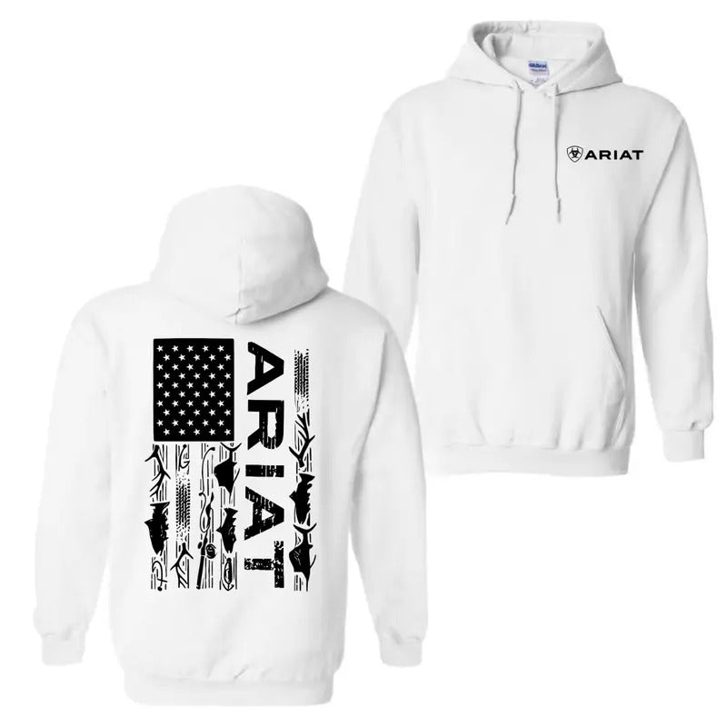 Ariat Patriotic Flag Hoodie Sweatshirt T-Shirt, Small Ariat Logo On Front, Large American Flag Design On Back