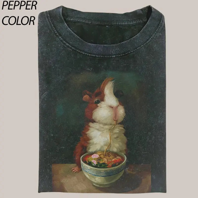 Artist Alison Friend Poster Funny Cute Animals - Harajuku Guinea Pig Noodles Ramen T-Shirt, graphic, meme shirts, Gift For him and her Menswear Top