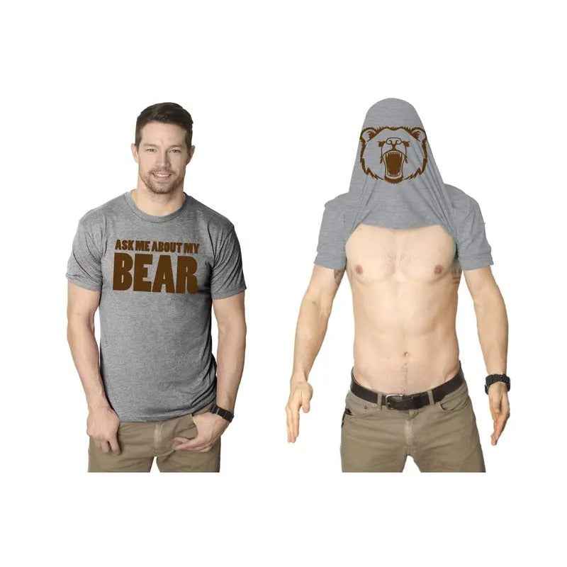Ask Me About My Angry Bear T Shirt Funny Bear Flip Shirt Bears Flipover Tee Mens Funny T Shirts Cool Tees Soft Stylish Casual Menswear Flip Apparel for Men Funny Animal Short Sleeve Novelty Tees for Light Grey