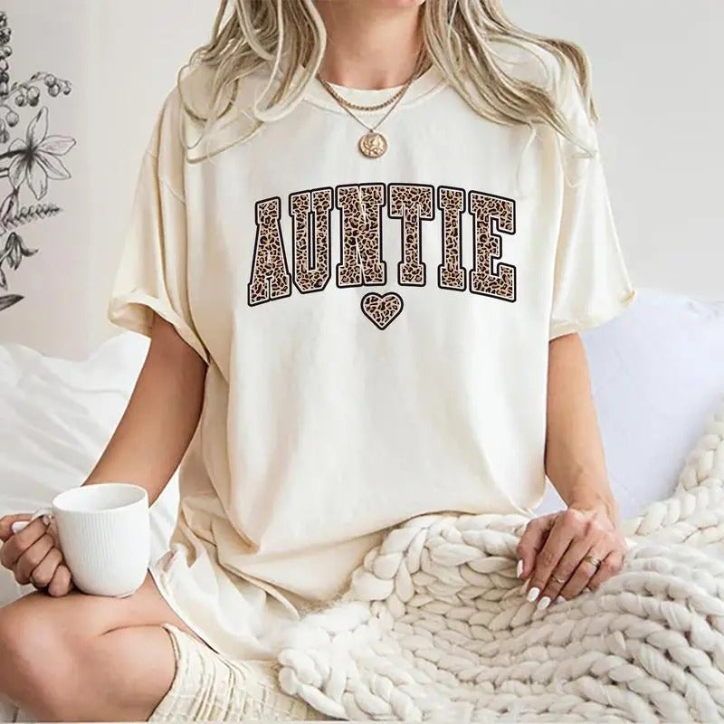 Auntie Shirt, Leopard Auntie T-shirt, Auntie Era Tee, Aunt Graphic Printed Short Sleeve T-shirt, Cotton Fabric Comforts Shirt For Women, Women's Tops, Gift For Aunt, Womenswear, Cotton Fabric Relaxed Fit Chic Style