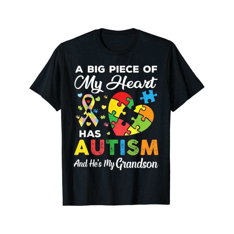 Autism Awareness Grandparent T-Shirt, Cotton Blend Crew Neck Tee, Casual Style, Slight Stretch, with Puzzle& Ribbon Graphic, for Men, All-Season Knit Fabric Top