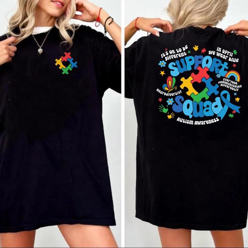 Autism Awareness Shirt 2 Sides, Family Autism Support Squad, Autism Mom Shirt, Neurodiversity Tshirt, Unisex Short Sleeve Tee, Classic Streetwear