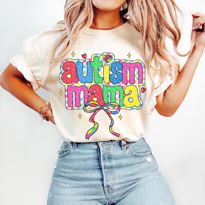 Autism Mama T-Shirt, Autism Awareness Coquette T-Shirt, Autism Checkered T-Shirt, Retro Autism Bow T-Shirt, In April We Wear Blue T-Shirt, Neurodiversity T-Shirt