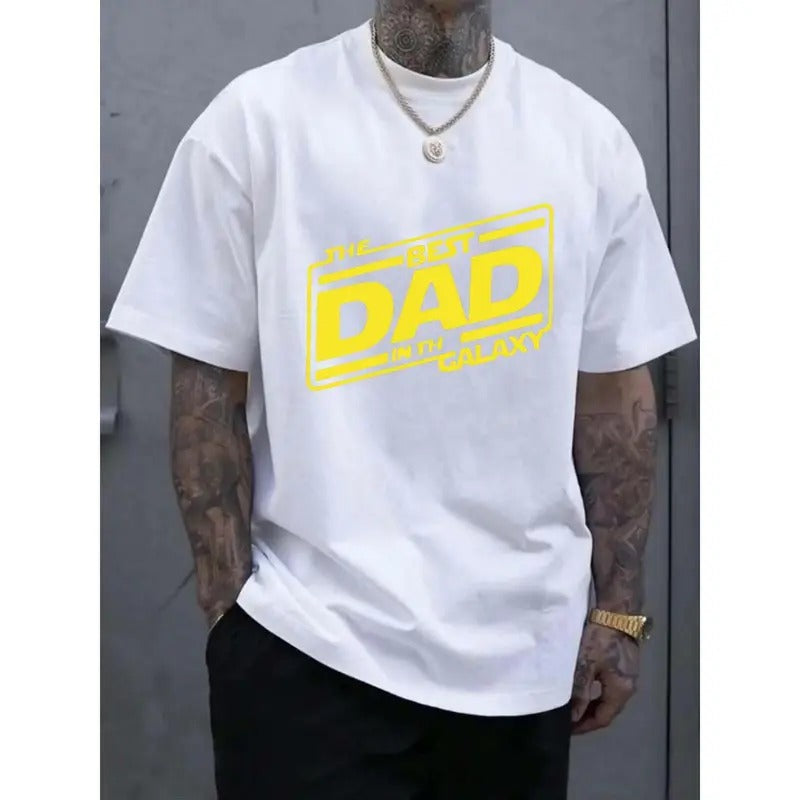 BEST DAD IN THE GALAXY Print Outdoor Sports T-shirt For Men, Casual Short Sleeve, Round Neck Top, Fashion Trendy Tee, Summer Comfortable Top, Idea For Everyday Wear MADE IN USA