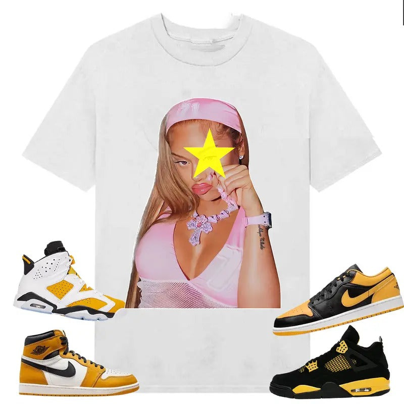 BIG FACE Latto Graphic, Shirt to match A J 6s Yellow Ochre, A J 1 Yellow Ochre, A J 4 Thunder, Shirt to matching Sneaker