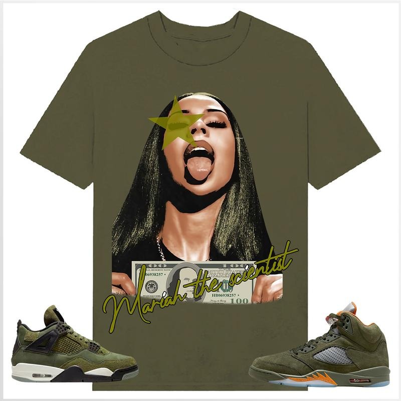 BIG FACE Mariahh The Scientist olive Star, Shirt to match A J 5 olive, A J 4 Retro SE Craft Olive, Shirt to matching Sneaker