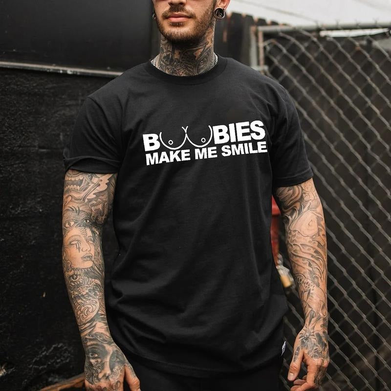 BOOBIES MAKE ME SMILE Graphic Black Back Side Print T-shirt - Sweatshirt - Hoodie, Naughty Clothes Men Cotton, Funny Shirt, Streetwear Menswear